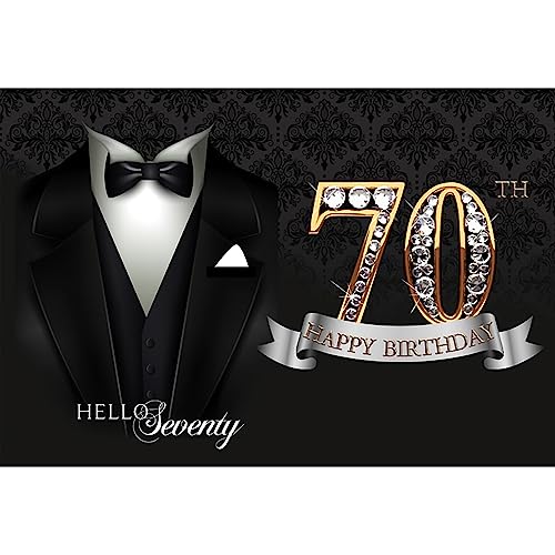 5x3ft Men 70th Birthday Backdrop Black Necktie Suit Tuxedo Diamonds Gold 70th Happy Birthday Photography Background Father Grandpa Hello Seventy Birthday Party Decor Cake Table Banner - color: black gold 70, size: 5x3ft
