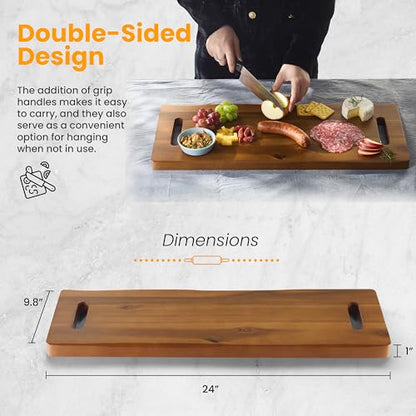 TIDITA 24" Large Acacia Wood Charcuterie Board with Handles - Extra Long Wooden Serving Cheese Boards - Rectangular Serving Platter for Meat Steak, Cracker Appetizers, Fruit Decorative Display - size: 24" x 9.8" x 1"