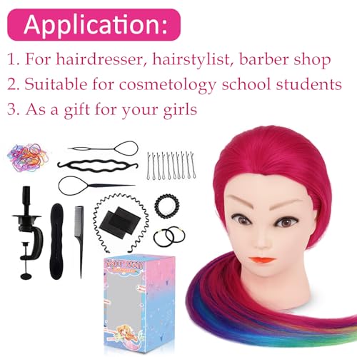 Mannequin Head with Hair, Beauty star 29" Cosmetology Doll Head for Hair Styling to Practice on, Hairdressing Training Braiding Heads with Clamp Stand Holder Kit - color: Hot Pink
