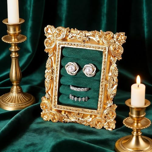 Vintage Ring Holder Rectangle Gold Velvet Display Stand - Baroque Jewelry Organizer Box Tray for Wedding Engagement Anniversary Women Birthday Christmas Gift Photograph Prop (MPF05-Gold Green) - color: MPF05-Gold Green