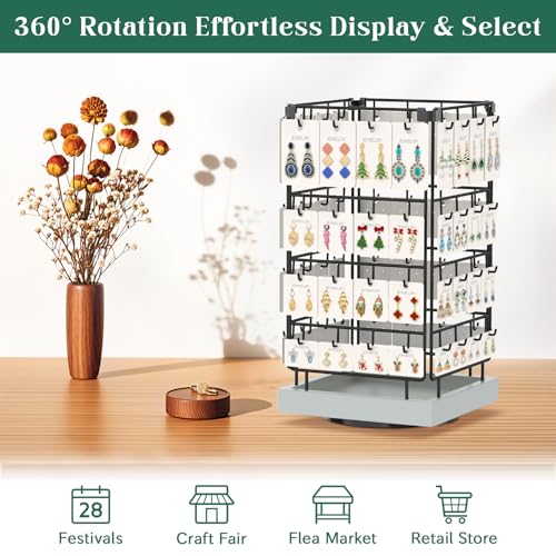 EsLuker.ly Rotating Earring Display Holder Stand for Vendors Events Selling, Large Capacity 64 Hooks Jewelry Rack with Wooden Base for Earring Card Sales, Enhances Retail Visibility (Light Grey) - color: Light Grey+Black