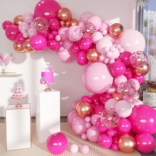 MEBAY Pink Balloon Garland Arch Kit, 141Pcs Different Shades of Pink Balloons with Rose Gold Confetti for Mother's Day Bridal Baby Shower Birthday Princess Wedding Party Decorations - color: Hot Pink-rose Gold