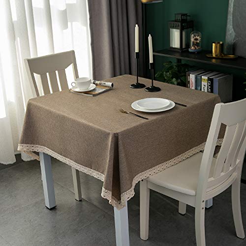 EHouseHome Faux Linen Tablecloth with Lace Trim - Waterproof/Spill Proof/Stain Resistant/Wrinkle Free/Oil Proof - for Banquet, Parties, Dinner,Kitchen,Wedding,Coffee,Holiday,Flax,Square 52X52Inch - color: Flax, size: 52" x 52" (Square)