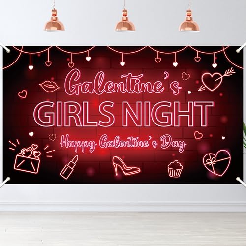 Galentine's Girls Night Backdrop Banner - Happy Galentine's Day Banner Photography Background Black Red Neon Girls Theme Party Banner for Ladies Valentines Day Party Decorations Photo Booth Props