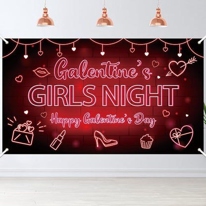 Galentine's Girls Night Backdrop Banner - Happy Galentine's Day Banner Photography Background Black Red Neon Girls Theme Party Banner for Ladies Valentines Day Party Decorations Photo Booth Props