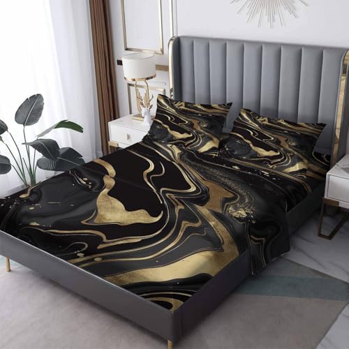 Black Gold Marble Sheets Twin Size, Kids Boys Girls Bed Sheet Set, Golden Lines Marble Texture Bedding Sheet Sets 3 Piece, Soft Microfiber Deep Pocket Fitted Sheet & Flat Sheet & 1 Pillowcase - color: Black Gold, size: Twin
