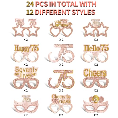Guiruiy 24PCS 75th Birthday Eyeglasses Decorations for Women, Pink Rose Gold Happy 75th Birthday Paper Eyeglasses Party Supplies, Seventy five Year Old Bday Glasses Decor - style: Rose Gold 75th