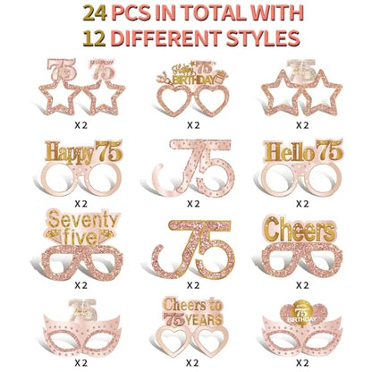 Guiruiy 24PCS 75th Birthday Eyeglasses Decorations for Women, Pink Rose Gold Happy 75th Birthday Paper Eyeglasses Party Supplies, Seventy five Year Old Bday Glasses Decor - style: Rose Gold 75th