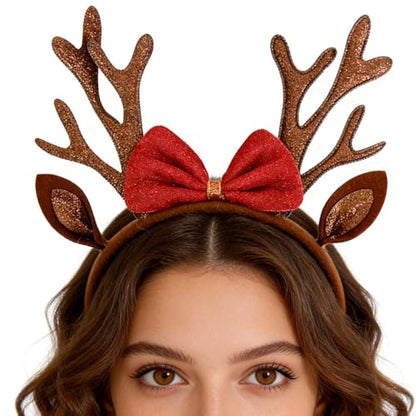 Christmas Antlers Headband Brown Reindeer Ears Head Band for Women Cute Bow Hairband Xmas Holiday Hair Accessories Gift Costume Party Favors - color: Christmas Antlers