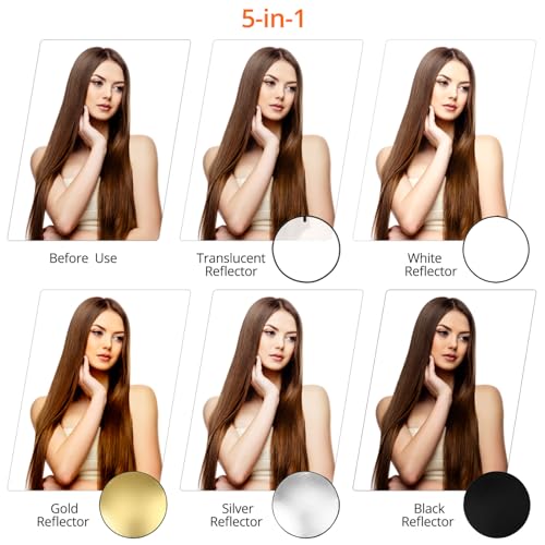 QWORK 22 Inch (60 cm) 5-in-1 Collapsible Light Reflector & Diffuser - Translucent, Silver, Gold, White, Black, Multi Disc Photography Reflector for Studio Outdoor Photography