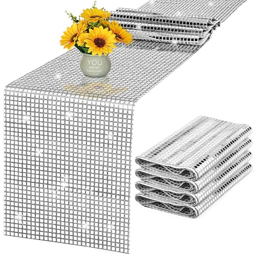 Aneco 2 Pack Disco Party Table Runner 11 x 108 Inch Mirror Silver Glitter Foil with Sparkle Sequin Table Runner for Bachelorette 70s 80s Party Home Table Decorations - color: Silver