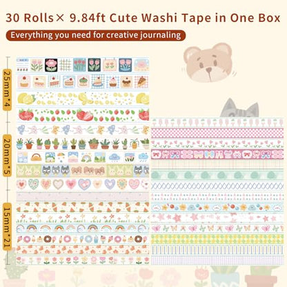 Kwaii Washi Tape 30 Rolls, Decorative Masking Tape for Junk Journal, Scrapbooking Supplies, DIY Crafting Supplies - style: Kwaii