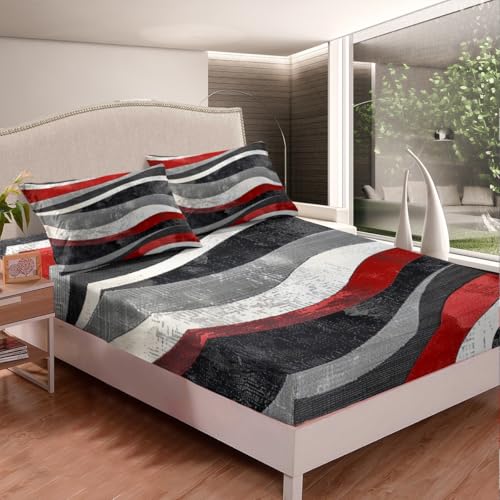 Red and Gray Bed Sheet Set Modern Abstract Art Fitted Sheet for Kids Boys Girls Teens Retro Circle Bedding Set Swirl Bed Cover 3Pcs with 2 Pillow Case Queen Size - color: Multi Aa04, size: Queen
