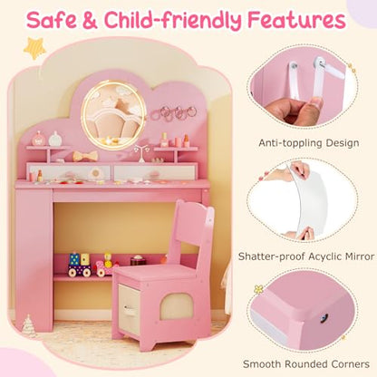 Costzon Kids Vanity, Girls Vanity Set with Lighted Mirror, Bookshelf, Drawers, Hooks & Storage Shelves, Toddler Makeup Vanity Desk Dressing Table, Wooden Kids Vanity Table and Chair Set (Pink) - style: Pink with Bookshelf