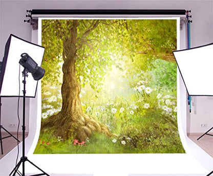 AOFOTO 5x5ft Enchanted Forest Photography Backdrop Spring Meadow Landscape with Daisies Flowers Sunlit Tree Background Nature Wildflowers Garden Scene Fairy Tale Theme Kids Baby Photo Shoot Props - size: 5x5ft