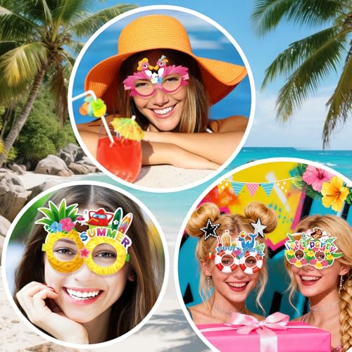 Konsait 18 Pack Luau Beach Pool Summer Paper Glasses for Adults, Hawaiian Aloha Party Favors, Accessories & Photo Props