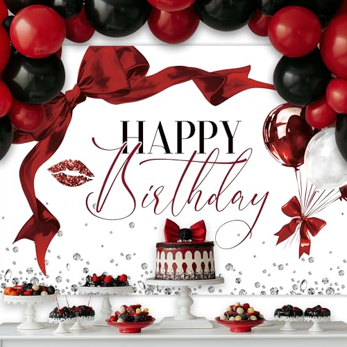 Newsely Burgundy Bow Happy Birthday Banner Backdrop 7Wx5H Photography Girls Coquette Birthday Decorations Red Balloons Background Women Bachelorette Party Decorations Banner Photo Booth Props Supplies - color: A-red bow, size: 7Wx5H