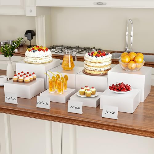 Metal Buffet Risers,4PCS OVERSIZED Food Risers for Buffet Table 8IN to 11IN Display Stand with Mini Acrylic Signs for Catering Dessert Wedding Collectibles Jewelry Figures Show Grayish White Cube Boxes Nesting Risers with Hollow Bottoms - color: Grayish W