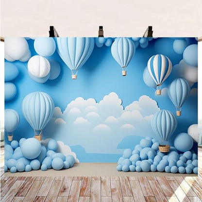 Vinyl Boy 1st Birthday Backdrop Children's 1st Birthday Happy Photography Backdrop Blue Sky Clouds Hot Air Balloons Cake Smash Background Baby Shower Background Banner,7X5FT
