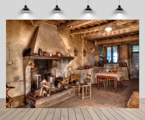6x4ft Old Farmhouse Kitchen Backdrop Western Old Wooden House Kitchen Interior Rustic Background Rural Farmhouse Fireplace Cooking Background Farmers Cowboys Portrait Photo Props - size: 6x4ft
