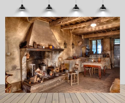 7x5ft Old Farmhouse Kitchen Backdrop Western Old Wooden House Kitchen Interior Rustic Background Rural Farmhouse Fireplace Cooking Background Farmers Cowboys Portrait Photo Props - size: 7x5FT