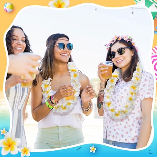 Sherr 24 Pcs LED Leis Light Up Wedding Hawaiian Leis Flower Necklace with LED Lights Beach Tropical Carnival Party Wedding Supplies Luau for Masquerade - color: white and yellow