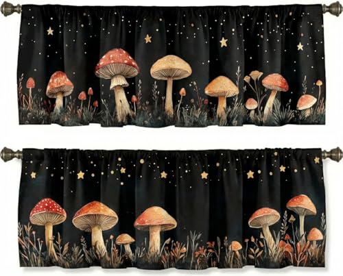 Mushroom Curtain, Two-Pack, Moon Enchanted Forest Starry Night,Applicable to Bathroom, Bedroom, 54x18 inches. - color: Mushroom
