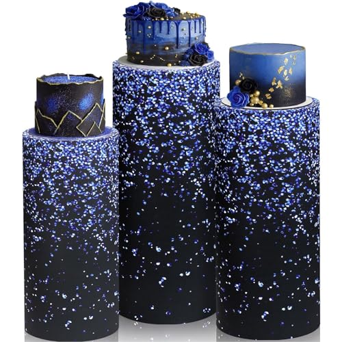 Mindsoft Set of 3 Navy Blue Black Glitter Cylinder Stand Covers for Birthday Party, Graduation Cylinder Pedestal Covers, Dessert Table Display for Men Party Wedding Baby Shower Backdrop Decor - color: Gradient Blue, style: Glitter