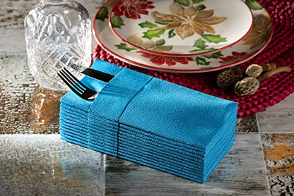 Moyes Home Blue Disposable Dinner Napkins with Pocket - Linen-Feel Pre-Folded Cloth-Like Paper Napkins for Silverware, Weddings, Dinner Parties, 16x16 in, Pack of 50 - color: Blue