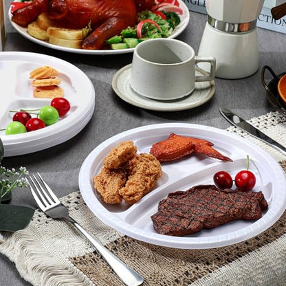 Umigy 100 Pcs 10 Inch 3 Compartments Divided Plastic Plates Bulk Colorful Disposable Heavy Duty Round Dinnerware for Valentine Wedding Birthday Party(White) - color: White