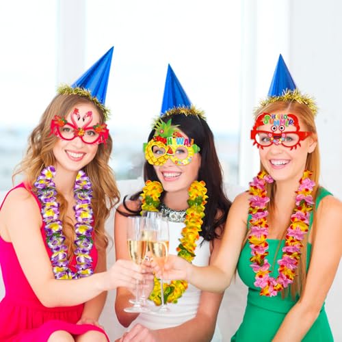 GoodUping 16pcs Hawaiian Leis Party Set with 8 Necklaces and 8 Photo Booth Glasses for Tropical Luau, Summer Beach Birthday, Pool Party Decorations & Favors - size: 16pcs