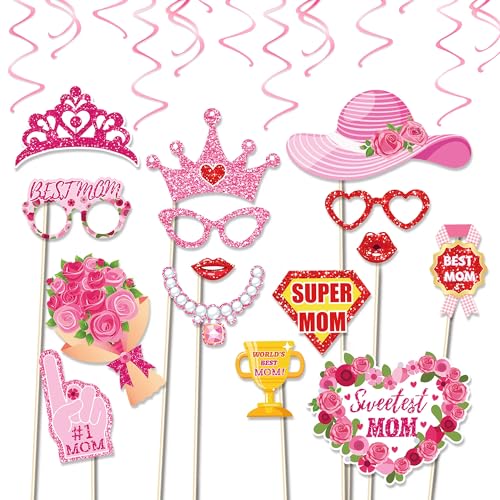 25Pcs Mother's Day Photo Booth Props with Stick, Best Mom Theme Selfie Props, I Love Mom Birthday Party Supplies, Photography Backdrop Decorations