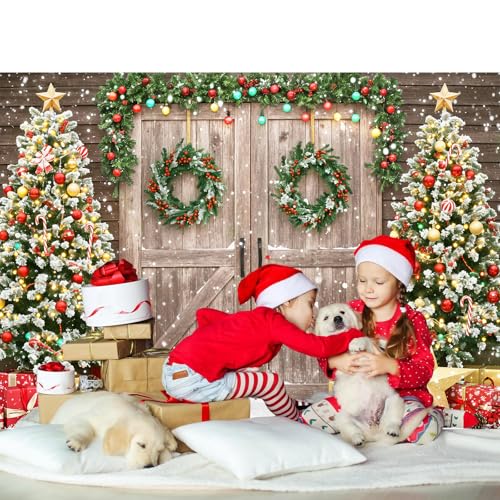 Christmas Backdrop for Photography 7x5Ft Winter Scene with Tree Christmas Photo Backdrop Party Derorations Rustic Barn Wood Door Family Xmas Holiday Party Wall Decor 82X59inch