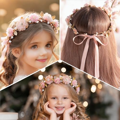MEMOVAN Pink Flower Crown Headband Rose Floral Headpiece Adjustable with Gold Leaf Bohemian Fairy Flower Renaissance Hair Wreath Accessory for Girls Women Birthday Wedding Party Photo Props - color: pink