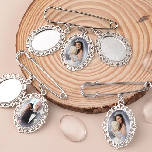 3Pcs Silver Wedding Bouquet Photo Charm Pins, Bouquet Charm for Gift Bridal Shower Graduation Memorial Photo Pin Brooch Making Kit for Mother