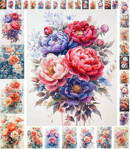 Decoupage Paper Pack (35 Sheets 6"x8") Peony Elegance: Lavish Peony Blossoms in Soft Pastel and Rich Hues with Delicate Petals and Lush Botanical Accents FLONZ Vintage - color: Nine