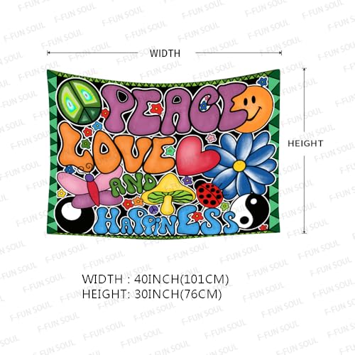 F-FUN SOUL Peace Love and Happiness Tapestry Groovy Tapestries, 40x30inches, 70s Theme Tapestries Hippie Aesthetic Tapestry Wall Hanging for Bedroom Living Room Decor - size: 40"L x 30"W