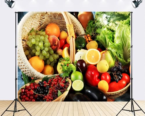 Trykid 15x10ft Mixed Fruit Vegetable Basket Backdrop Colorful Fresh Produce Photography Healthy Food Background Tapestry Grocery Market Party Decoration Photo Studio Prop Fabric - size: 15x10ft