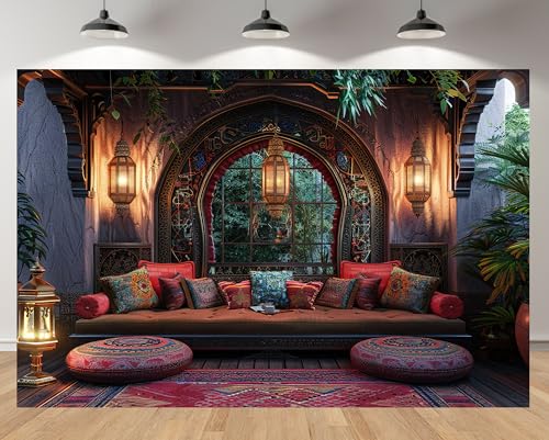 10x8ft Retro Living Room Backdrop Moroccan Exotic Lounge Luxury Interior Background for Bohemian Theme Party Cultural Events Birthday Party Decor Photo Studio Booth Props Banner Wallpapers - size: 10x8FT