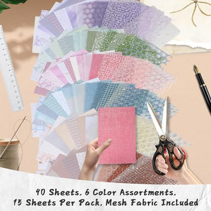 90 Sheets Textured Scrapbook Paper with Decor Mesh Fabric Creative Kit - 6 Pack Mixed Media Papers for Craft, Scrapbooking, Junk Journal, Card Making, Collage Art Supplies, 5.1 x 7 Inches