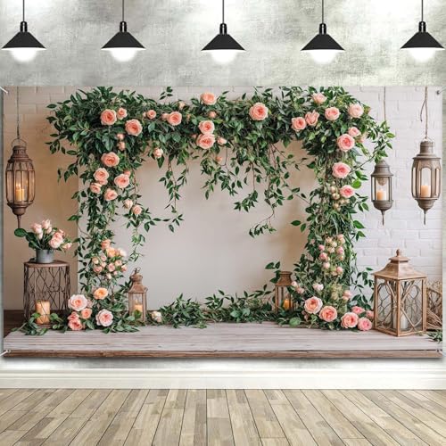 8x6ft Floral Backdrop Rose Flowers Theme Photography Background Spring Backdrops Wedding Bridal Shower Birthday Party Backdrop Banner Decorations Supplies Photo Booth Props - color: Green Pink-01, size: 8X6FT
