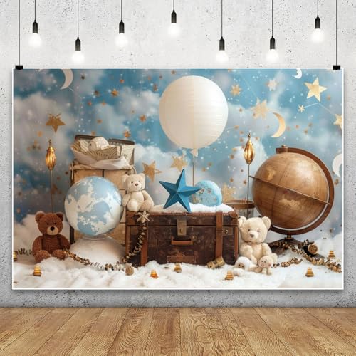 YongFoto Travel Adventure Theme Backdrop 5x3ft Cute Clouds Sky Stars Bear Globe Photography Background Adventure Awaits Baby Shower Girl Boy 1st 2nd Birthday Party Banner Kids Portraits Photoshoot - color: Style 5, size: 5ftx3ft