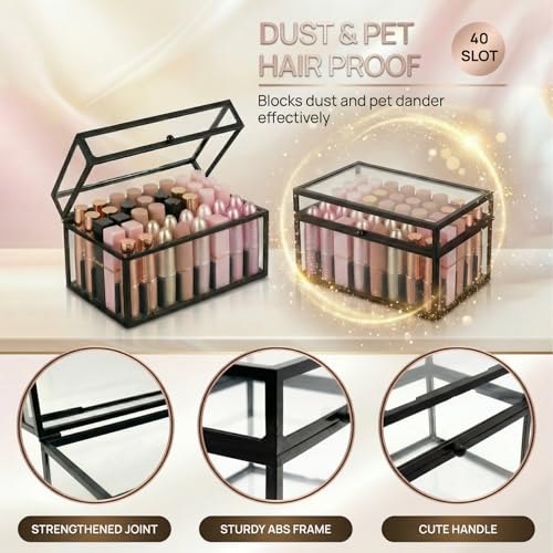 40 Lipsticks Organizer with Lid, Glass Display Box Fits Large Perfume & Skincare, Easy-Access Organiser for Vanity Countertop, Multifunctional Display Box in Any Rooms - color: black