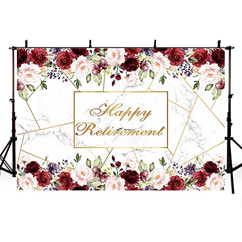 AIBIIN 7x5ft Happy Retirement Backdrop Red White Marble Rose Gold Pink Red Flowers Photography Background The Aged Women Lady Retirement Party Decorations Banner Photo Props