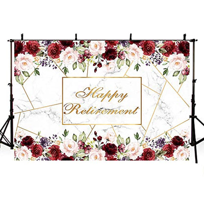 AIBIIN 7x5ft Happy Retirement Backdrop Red White Marble Rose Gold Pink Red Flowers Photography Background The Aged Women Lady Retirement Party Decorations Banner Photo Props