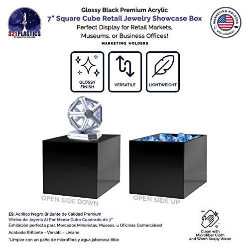2 Pack 7 Inch Black Acrylic Display Box Versatile Square Plexiglass Retail Product Storage Bin or Merchandise Riser with One Open Side No Assembly by Marketing Holders - size: 7" x 7" x 7" Black