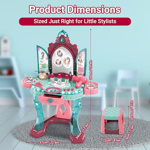 Toddler Vanity Table for Girls — Princess Makeup Playset with Light & Sound Mirror, Magic Sensor, Stool & Accessories, Pretend Beauty Toy for Ages 3+