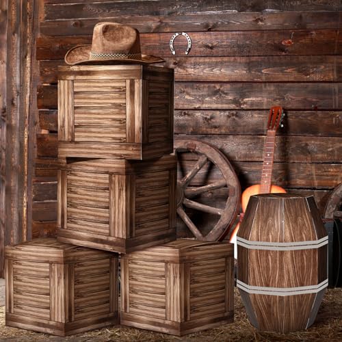 Bucherry 6 Set Western Cowboy Party Decorations 4 Pcs 11.8'' Wood Grain Boxes 2 Pcs 15.75'' Wine Barrel Boxes for Wild West Party Decor Western Photo Booth Props Vintage Rustic Farmhouse Pirate Decor