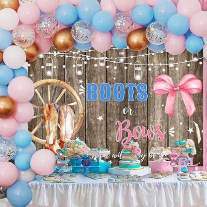 Sensfun Boots or Bows Gender Reveal Backdrop Boy or Girl Baby Shower Party Decorations Rustic Wooden Cowboy Boots Pink Bow Photography Background Western Gender Reveal Banner Photo Booth Props 7x5ft - size: 7x5ft