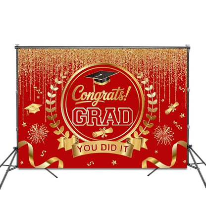 Graduation Backdrop Congrats Grad You Did It Party Decorations Background Congratulations Graduate Class of 2026 Banner Photo Booth Props (Red and Gold, 7x5ft) - color: Red and Gold
